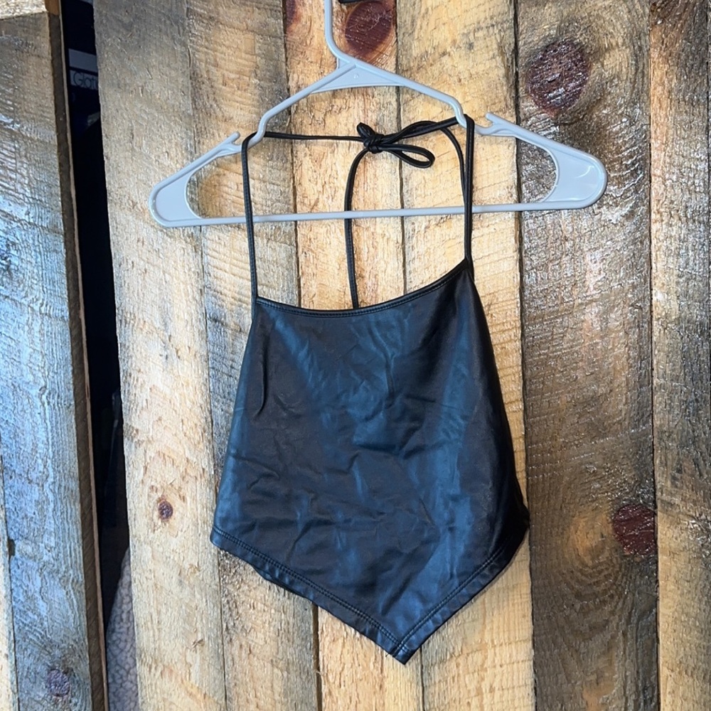 Faux Leather Halter Crop Black